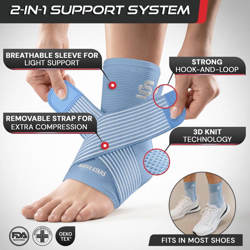 Sleeve Stars Ankle Brace for Women & Men, Ankle Wrap for Sprained Ankle, Compression Sleeve for Plantar Fasciitis Relief, Easy Customizable Support: w/Removable Strap (Single/S:9"-10"/Light Blue)