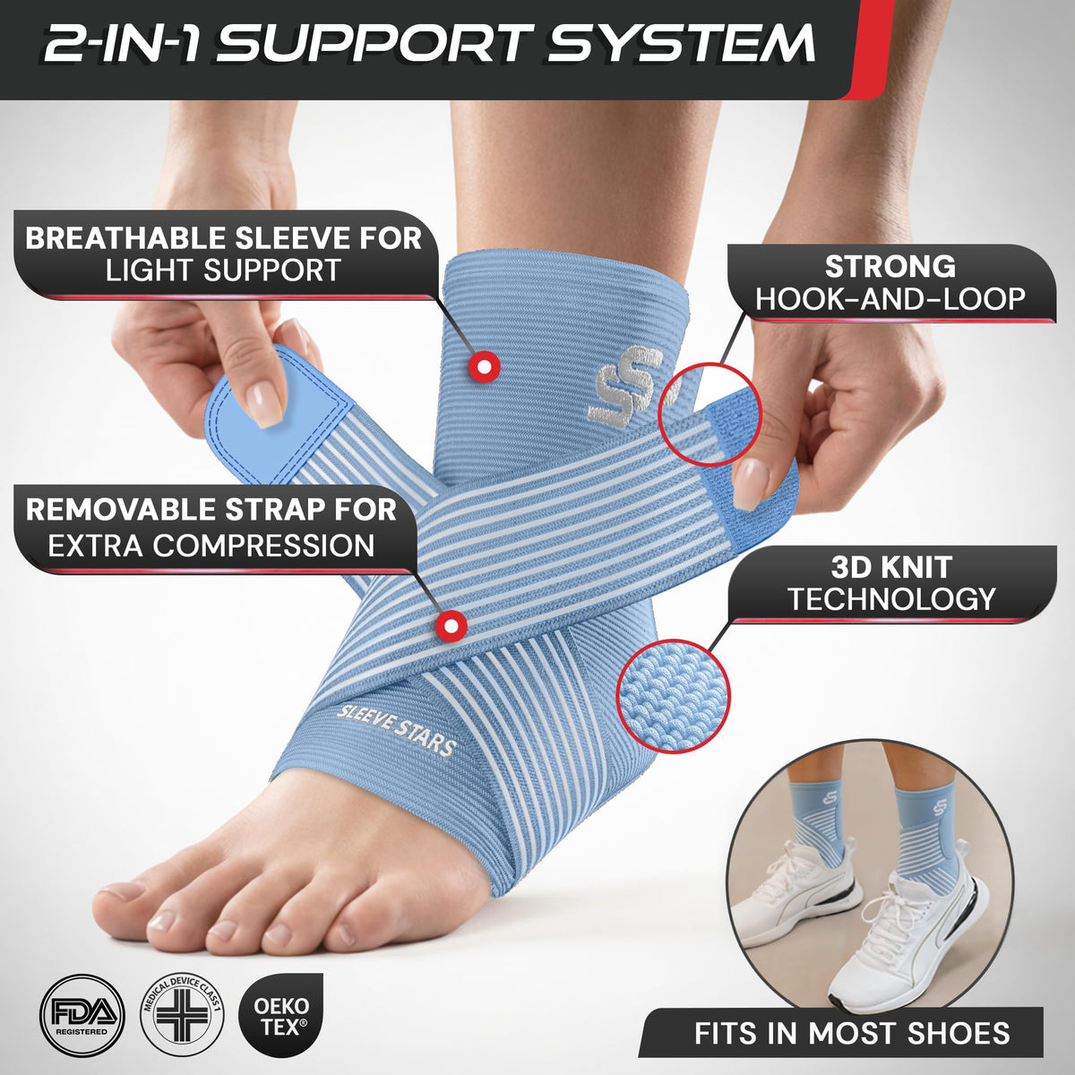 Sleeve Stars Ankle Brace for Women & Men, Ankle Wrap for Sprain, Compression Sleeve for Plantar Fasciitis Relief, Easy Customizable Support: w/ Removable Strap (Single/M:10"-12"/Light Blue)
