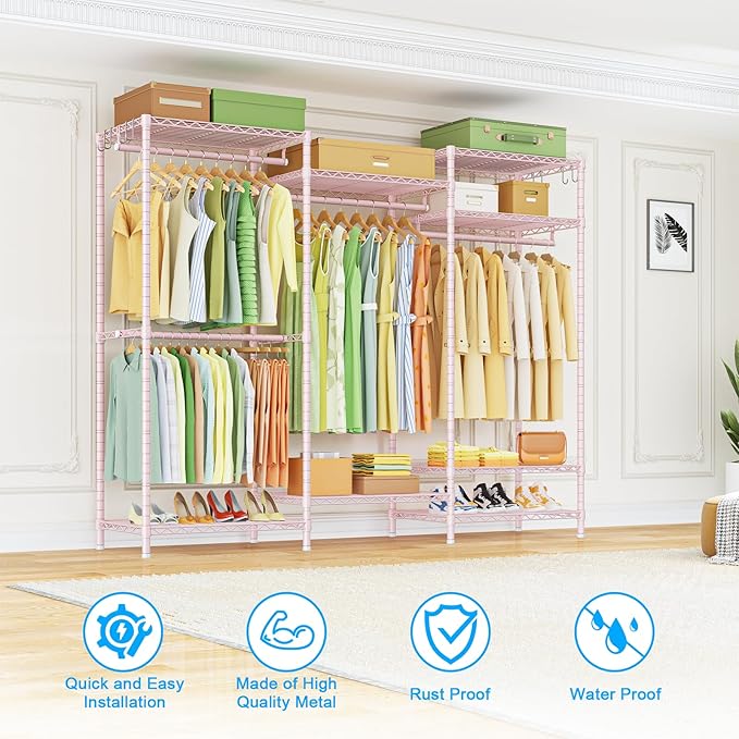 Ulif E13 Heavy Duty Clothes Rack（With 4 Hanger Rods & 8 Shelves） Freestanding Clothing Racks for Hanging Clothes，Adjustable Closet Organizer，Metal Garment Rack 63" W x16 D x77 H，Max Load 900LBS，Pink