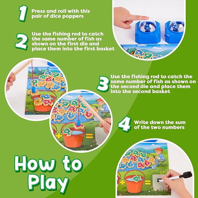 Magnetic Fishing Math Game for Kids with Dice Poppers, Fishing Game, Math Manipulatives for Kindergarten Preschool, Montessori Counting and Addition Dice Games Homeschool Learning Toy