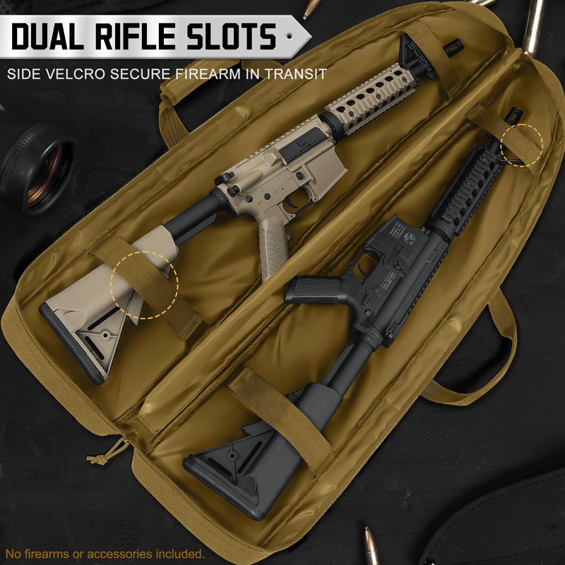DULCE DOM Double Rifle Case, 38 42 44 inch Soft Gun Tactical Bag for Shooting Range, Movable Divider for 1 or 2 Gears, Multiple Magazine Pouches & Accessory Bags (Khaki, 42'')