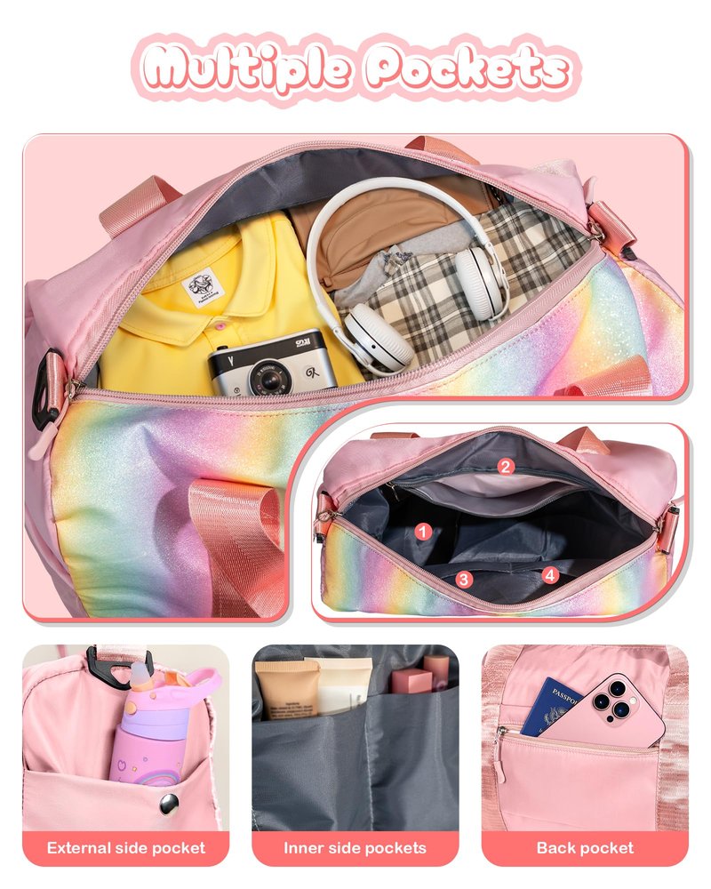 Vogewood Girly Girl Stuff-Girl Gym Bag with Shoe Compartment, Kid Personalized Weekender Overnight Bags, Initial Travel Tote with Makeup Pouch, Gift Ideas for Niece Sister (Letter W)