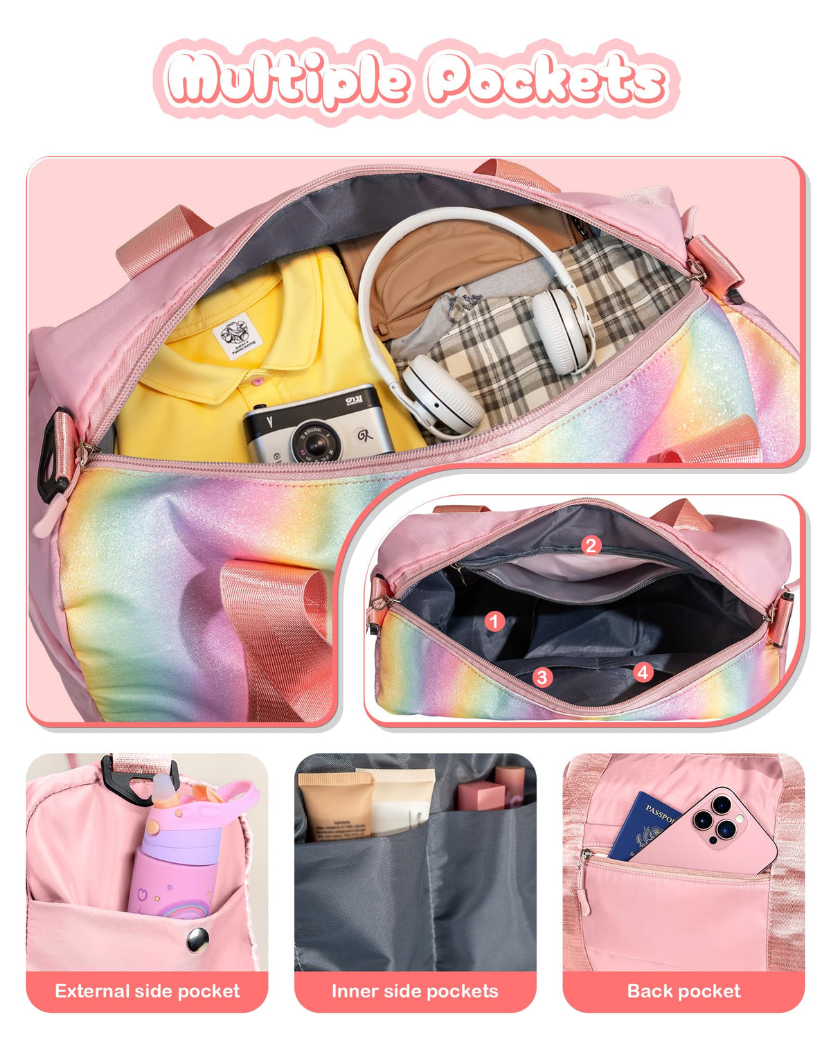 Vogewood Preppy Gifts Gifts for Kids-Girl Gym Bag with Shoe Compartment, Kid Personalized Weekender Overnight Bags, Initial Travel Tote with Makeup Pouch, Valentines Day Gift (Letter P)