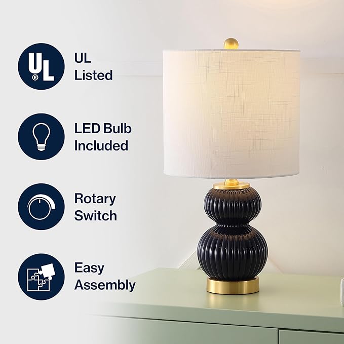JONATHAN Y 20" Navy/Brass Gold Ribbed Gourd Glass Table Lamp, Modern Bedside Lamp for Bedroom Living Room, White Linen Drum Shade, LED Bulb Included (JYL1099D)