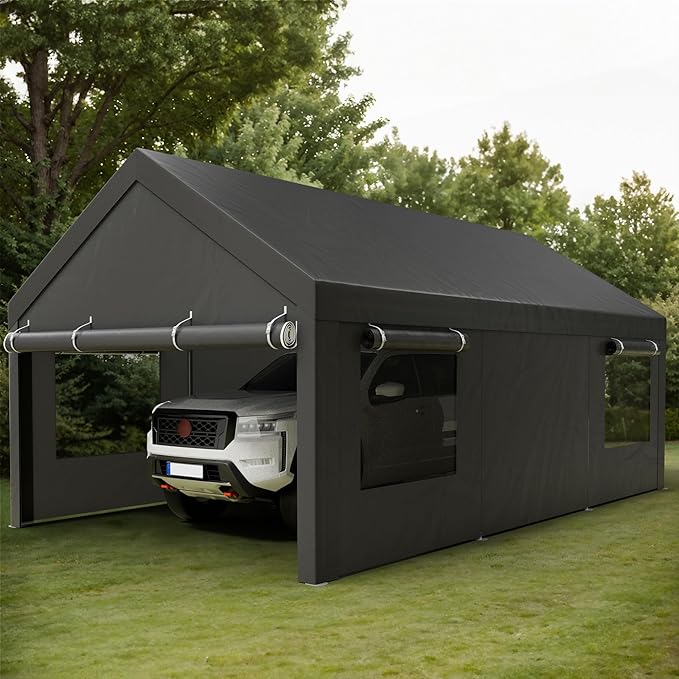 Shintenchi Carport 10' x 20' Heavy Duty Portable Garage, Carport Canopy with Side-Opening Door & Roll-Up Windows, Car Canopy for Truck,Car,Boat,Grey