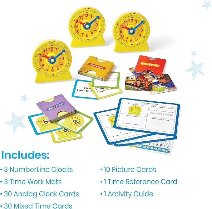 Hand2Mind Telling Time Basics Center Kit - Learn to Tell Time Activity Set with Analog Classroom Clock for Kids, Yellow