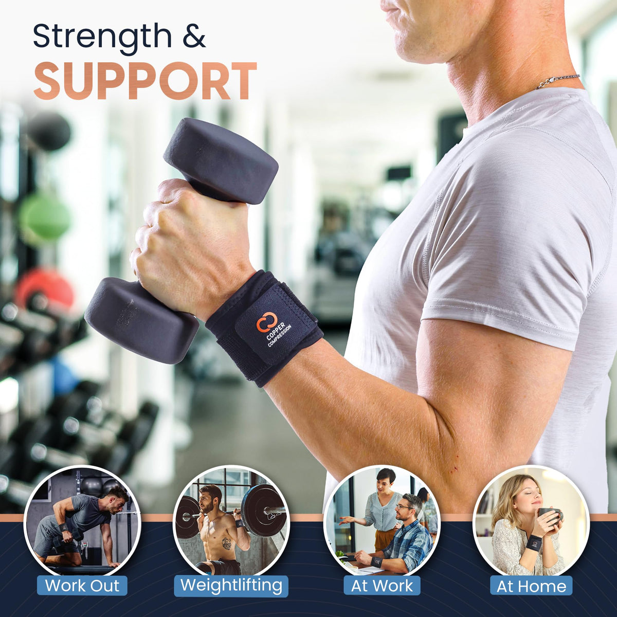 Copper Compression Wrist Wraps (2 Pack) – Adjustable Copper Infused Wrist Support for Weightlifting, Workouts, Injury Recovery, Carpal Tunnel, Tendonitis, and Pain Relief – Breathable and Comfortable Straps