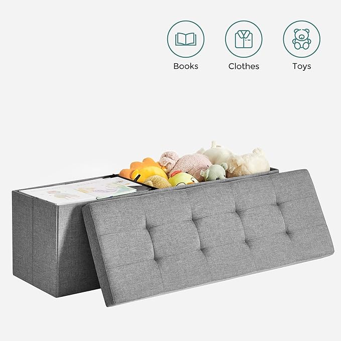 SONGMICS 43 Inches Folding Storage Ottoman Bench, Set of 2, Storage Chest, Foot Rest Stool, Bedroom Bench with Storage, Light Gray, ULSF422G02