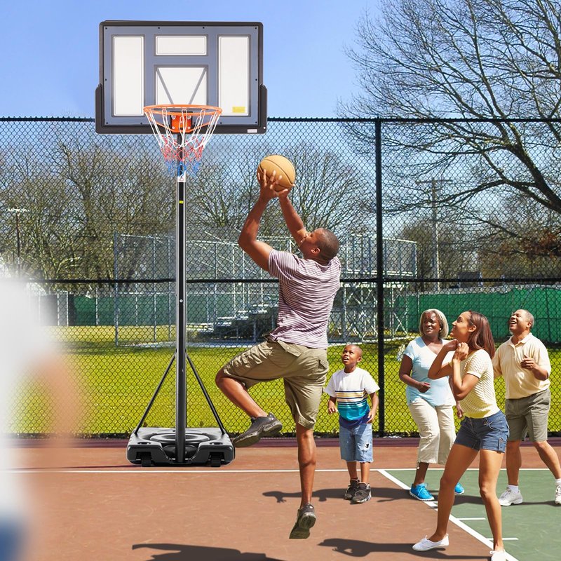 DUMOS 6.1-10FT Adjustable Height Portable Basketball Hoop Outdoor for Adult, 44 Inch Shatterproof Backboard w/Shock Absorbent Rim, Fillable Base, 2 Wheels for Swimming Pool/Indoor, Grey