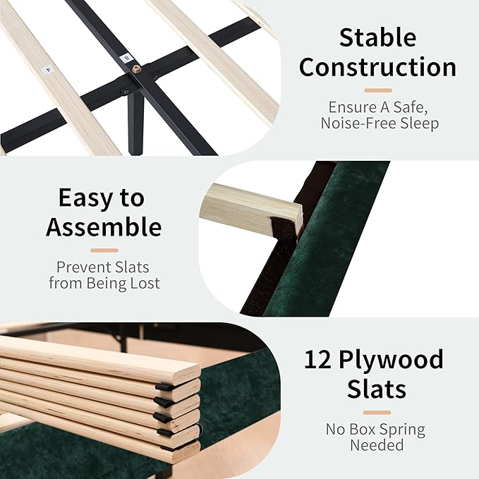 Twin Size Upholstered Platform Bed Frame with Modern Wingback & Vertical Panel Headboard, Velvet Fabric, Wooden Legs & Slats Support, No Box Spring Needed, Noise-Free & Easy Assembly, Ink Green