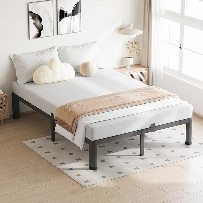 10 Inch Queen Bed Frame, 3500Lbs Heavy Duty Metal Platform with Round Corner Legs Mattress Slide Stopper, Steel Slat Support No Box Spring Needed, Noise Free, Non-Slip, Easy Assembly