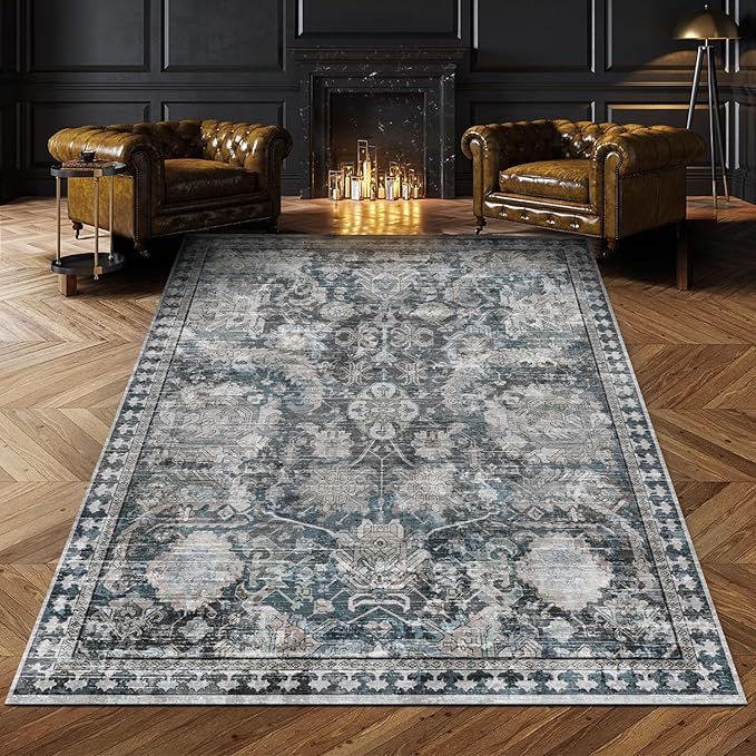 RUGSURE Washable Area Rugs - Perfect for Living Room, Bedroom, Kids Room, Nursery - Stain & Water Resistant Non-Slip, Pet & Child Friendly, Vintage Tribal Area Rugs (Grey and Blue, 8' x 10')