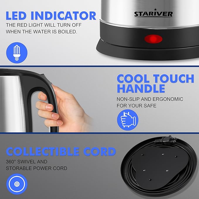 Stariver 2.5L Large Electric Kettle, BPA-Free Stainless Steel Water Kettle