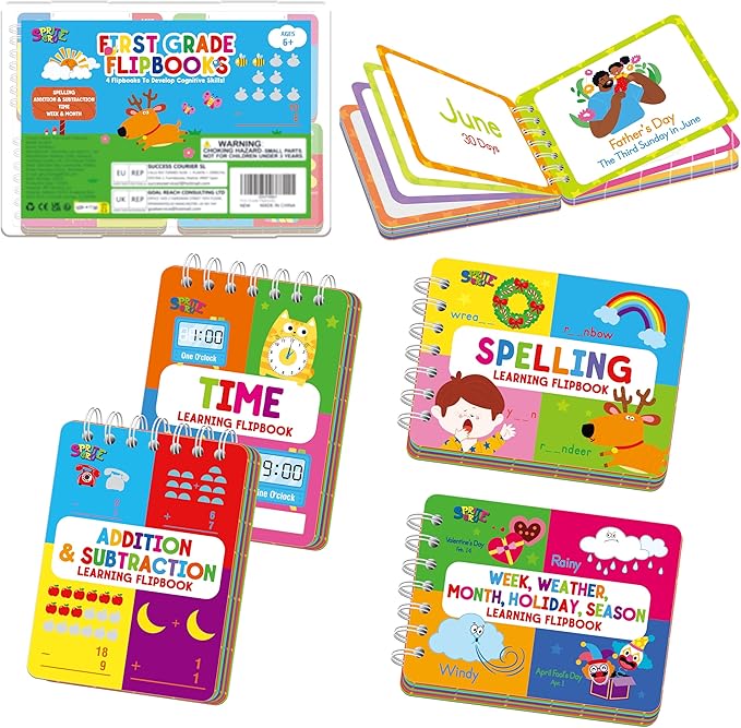 4 First Grade Learning Flipbooks, Double-Sided Mini Book Set - Spelling, Addition, Subtraction, Time, Week, Weather, Month, Holiday & Season Learning, Early Educational Tool for Kids