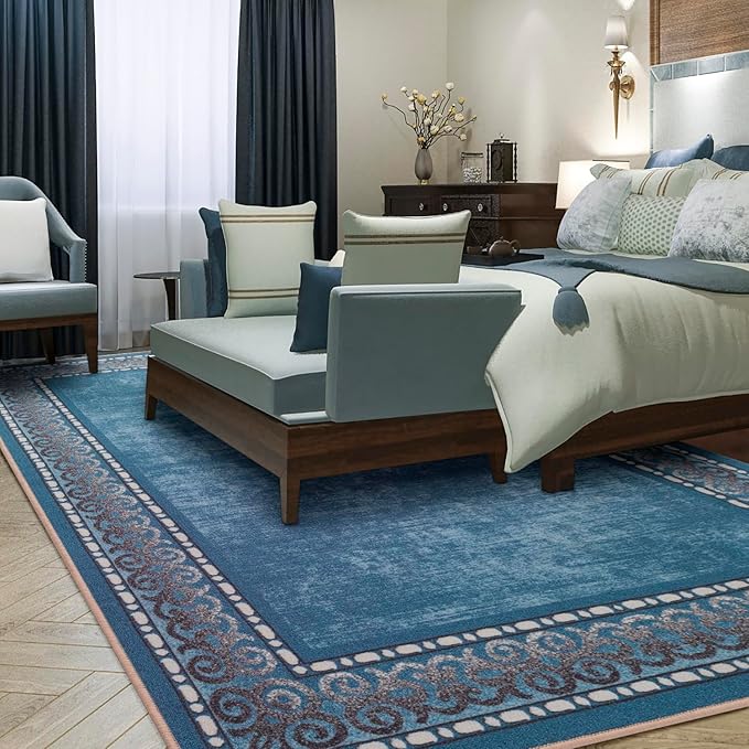 Antep Rugs Alfombras Bordered Modern 4x6 Non-Slip (Non-Skid) Low Pile Rubber Backing Indoor Area Rug (Turquoise Blue, 4' x 5'8")