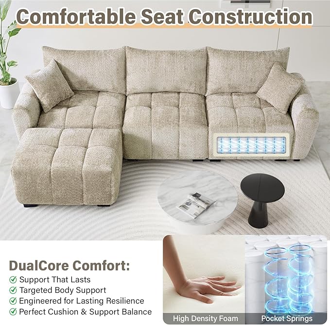 110" L Shaped Modern Boucle Sofa Modular Sectional Cloud Couch with Ottoman, Tufted 4-Seat Deep Seat Sofa with Pillows for Living Room, Bedroom and Apartment, Light Brown