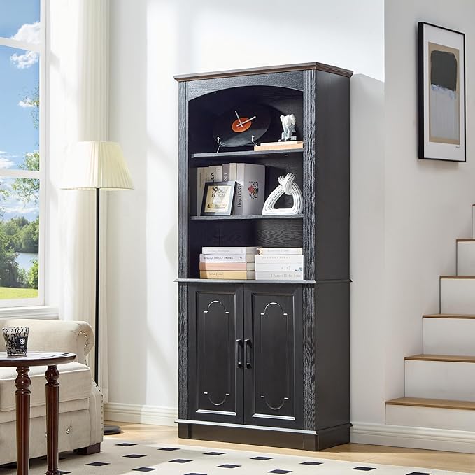 Black 5 Tier Book Shelf and Bookshelf with Storage Cabinet Doors, 72 Inch Tall Bookcase, Wooden Cube Storage Organizer, Kids Bookshelf, Display Cabinet for Bedroom Furniture, Living Room, Pantry