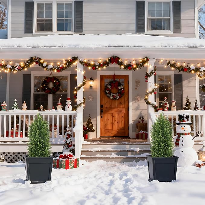 THE BLOOM TIMES 3FT Tall Artificial Cedar Topiary Trees Set of 2, UV Resistant Large Faux Cypress Evergreen Plants for Outdoor Planters, Realistic Fake Bushes & Shrubs for Front Porch Christmas Decor