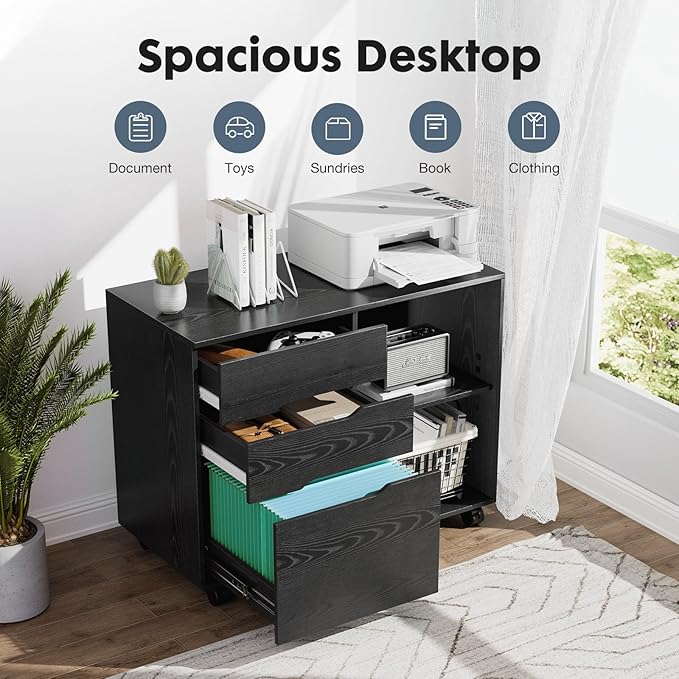 DUMOS Lateral File Cabinet with 3 Drawers Rolling Filing Cabinets Under Desk Storage Printer Stand Wood Organizer with Wheels Adjustable Shelf for Office Home Small Space, Black