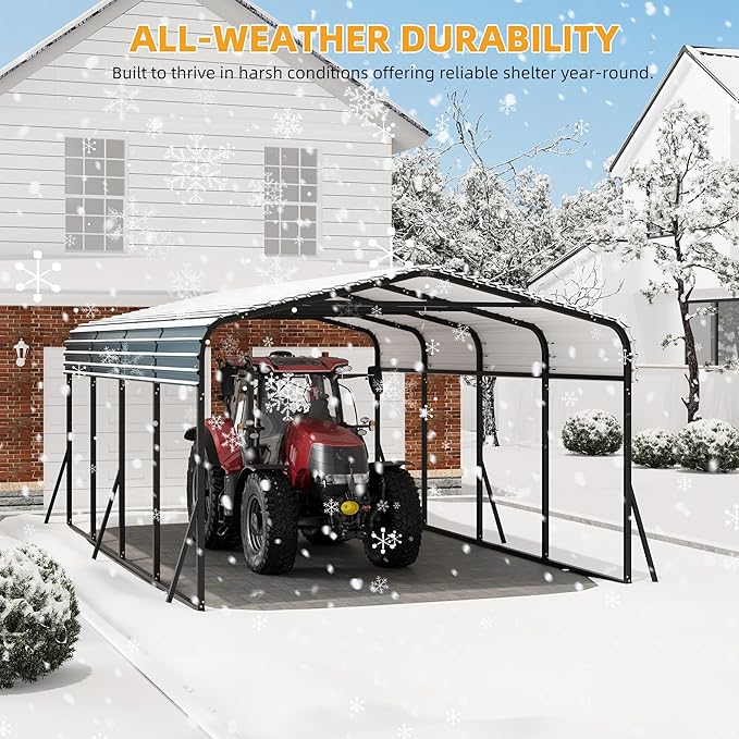 12' x 20' Heavy Duty Metal Carport with Galvanized Steel Roof, Metal Roof Carport with Enhanced Base, Tall Metal Carport Kits Garage for Tractors, Pickup, Boat, Car