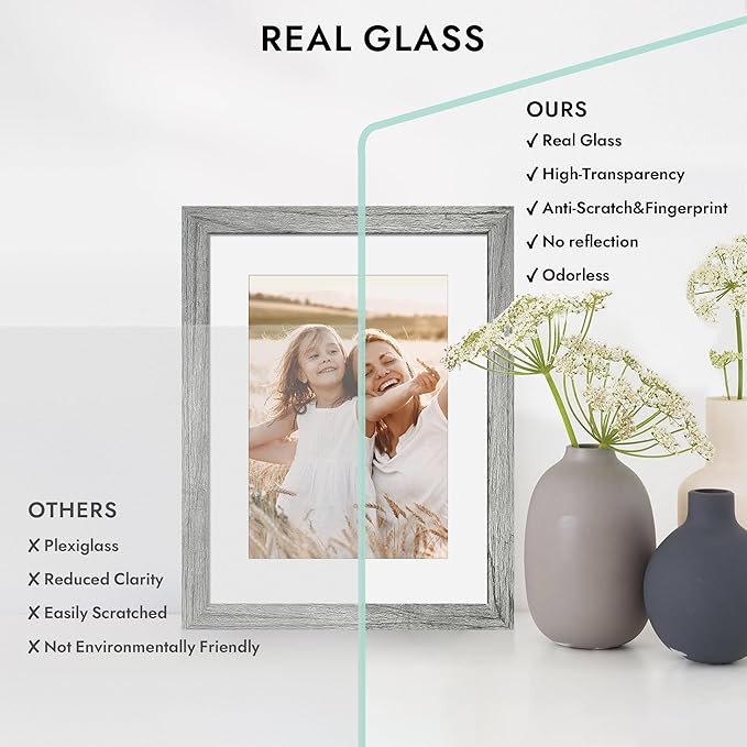 8x12 Picture Frame with Glass, Display Pictures 6x9 with Mat or 8 x 12 without Mat - Wall and Tabletop, 8 by 12 Photo Wooden Frames (Grey, 1 Pack)