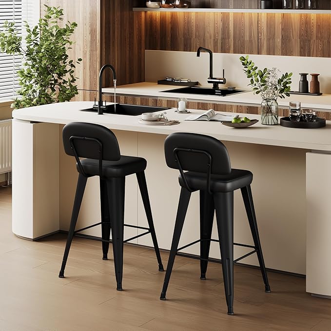 Aklaus PU Leather Metal Bar Stools 26 inch Faux Leather Counter Height Barstools Set of 2 Modern Farmhouse Bar Chairs with High Backs and Faux Leather Seat for Kitchen Island Dining Room Matte Black