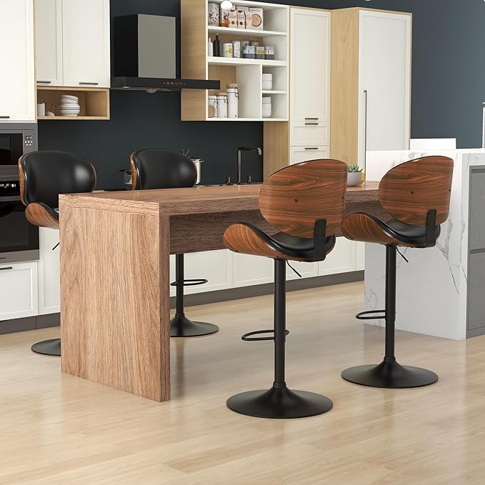 KCC Bar Stools Set of 6, Swivel Adjustable Height Barstools, PU Leather Upholstered Bar Chairs with Footrest, Bentwood Bar Stool for Kitchen, Bar, Dining Room(Black PU)