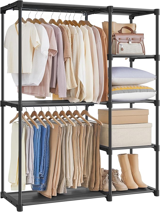 SONGMICS Portable Closet, Freestanding Closet Organizer, Clothes Rack with Shelves, Hanging Rods, Storage Organizer, for Cloakroom, Bedroom, 44.1 x 16.9 x 65 Inches, Black URYG24BK