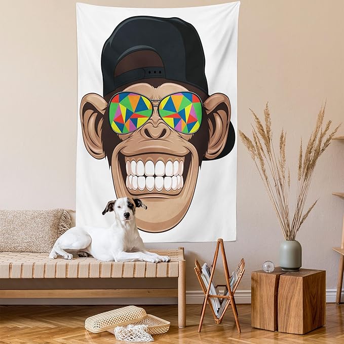 Ambesonne Cartoon Tapestry, Fun Hipster Monkey with Colorful Sunglasses and Hat Rapper Hippie Ape Art, Fabric Wall Hanging Decor for Bedroom Living Room Dorm, 23" X 28", White Brown
