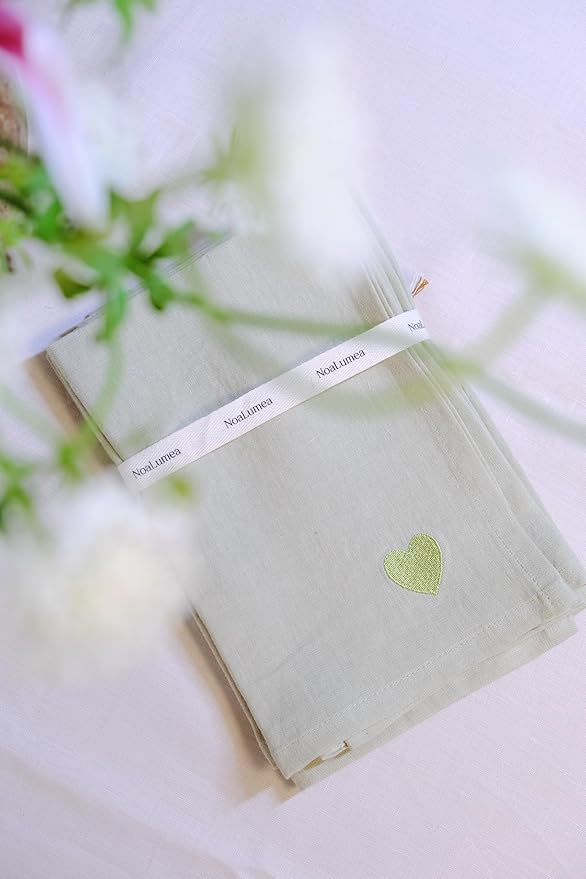100% Linen Napkins Set of 4 -Sage Green Cloth Dinner Napkins, Embroidered, Washable and Reusable, Elegant Table Decor for Summer Dining, Wedding & Special Occasions, 17.7 x 17.7 Inch