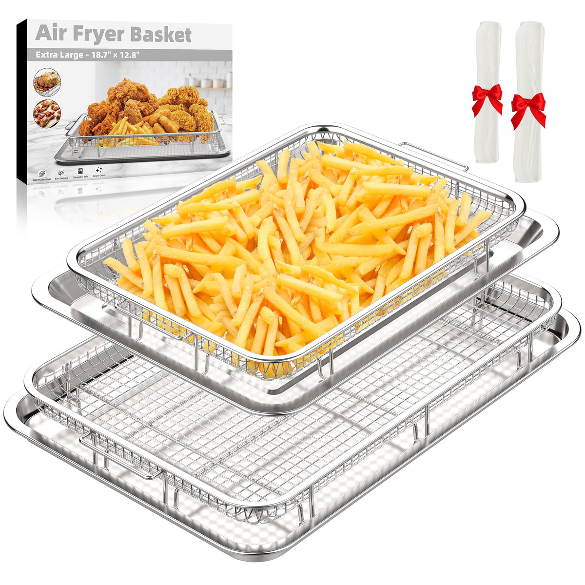 Air Fryer Basket, 2 Set Extra Large&Large Air Fryer Pans and Tray for Oven