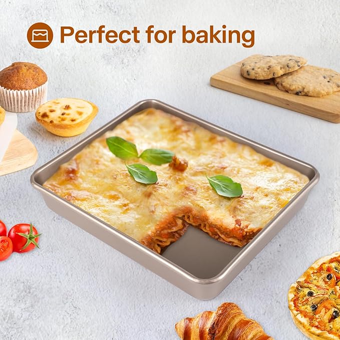Barlket Rectangle Cake Pan, 9x11 Baking Pan Nonstick, Golden, Easy Release
