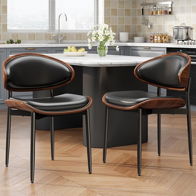 Dining Chairs Set of 8, Mid-Century Modern Upholstered PU Leather Chairs with Walnut Bentwood Back and Metal Legs Adjustable Feet for Kitchen Dining Room, Black PU