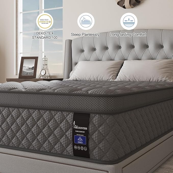 Full Mattress, 10 Inch Euro Top Mattress Grey Hybrid Medium Firm for Back & Lumbar Support, 100 Night Trial, Individual Pocket Spring for Motion Isolation & Pressure Relief