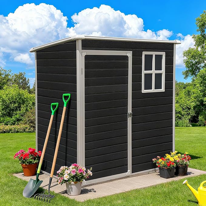 5x3 FT Outdoor Storage Resin Shed with Floor, Waterproof Plastic Garden Tool Shed with Windows, Vents & Lockable Door and Sloped Roof, Easy to Assemble Bike Shed for Patio, Backyard, Lawn, Black