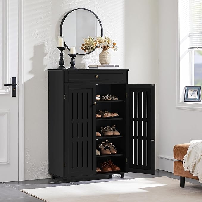 Yaheetech Shoe Cabinet, 5-Tier Shoe Rack Organizer with 1 Drawer, Freestanding Wooden Shoe Storage Cabinet with 2 Louvered Door & Adjustable Shelves for Entryway Hallway, Black