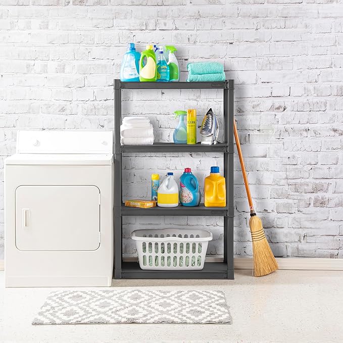 Sterilite 4 Shelf Plastic Storage Unit Bundled with Easy to Assemble Storage Cabinet for Garage, Pantry & Kitchen Organization, 4 Shelves, Gray