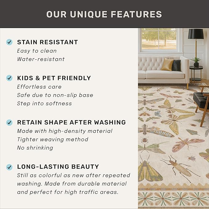 8x10 Fun Rugs For Bedroom - Maximalist Rug for Living Room, Playroom, Dining Room Under Kitchen Table, Washable Soft Stain Resistant Low Pile, Butterfly Insect Floral Cottage Decor, Beige & Yellow