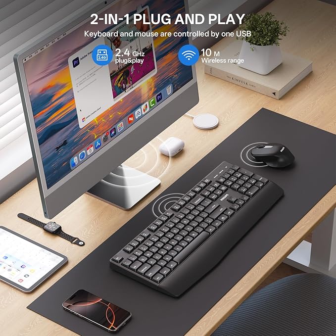 PHILIPS Wireless Keyboard and Mouse Combo-Ergonomic Keyboard and Mouse Wireless Combo,Plug n' Play,Sleep Mode and 2.4GHz Keyboard for Mac, Windows, Laptop-Black