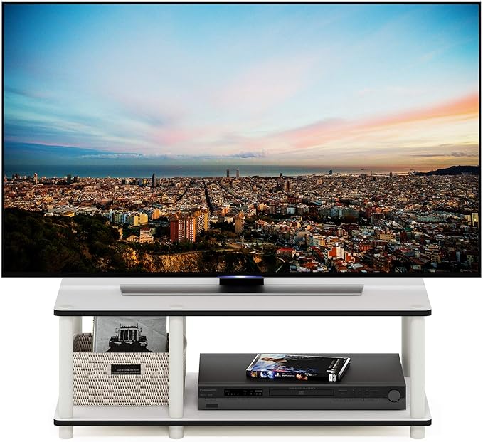 Furinno JUST TV Stand, 2-Tier No Tools Mid Entertainment Center with Open Shelf, TV Console for TV up to 46 Inch with Tubes, for Living Room, Bedroom, White