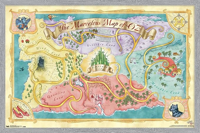 The Wizard Of Oz - Map Wall Poster, 22.4L" x 14.7W", Gray Framed Version