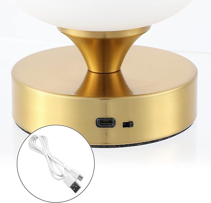 JONATHAN Y 6.13" Brass Gold/White Modern Cordless Rechargeable LED Table Lamp, Frosted White Glass Shade, Touch Dimmable Mini Accent Light for Bar, Bedroom, Nightstand (JYL7112C)