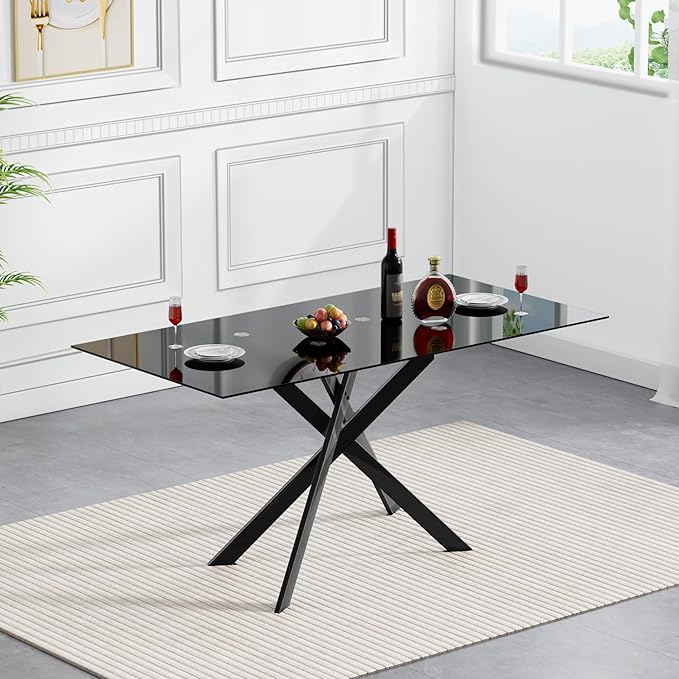51" Rectangular Glass Dining Room Table for 4 with Tempered Glass Top and Black Metal Legs, Modern Black Kitchen and Dinner Table for Home Office Dining Room