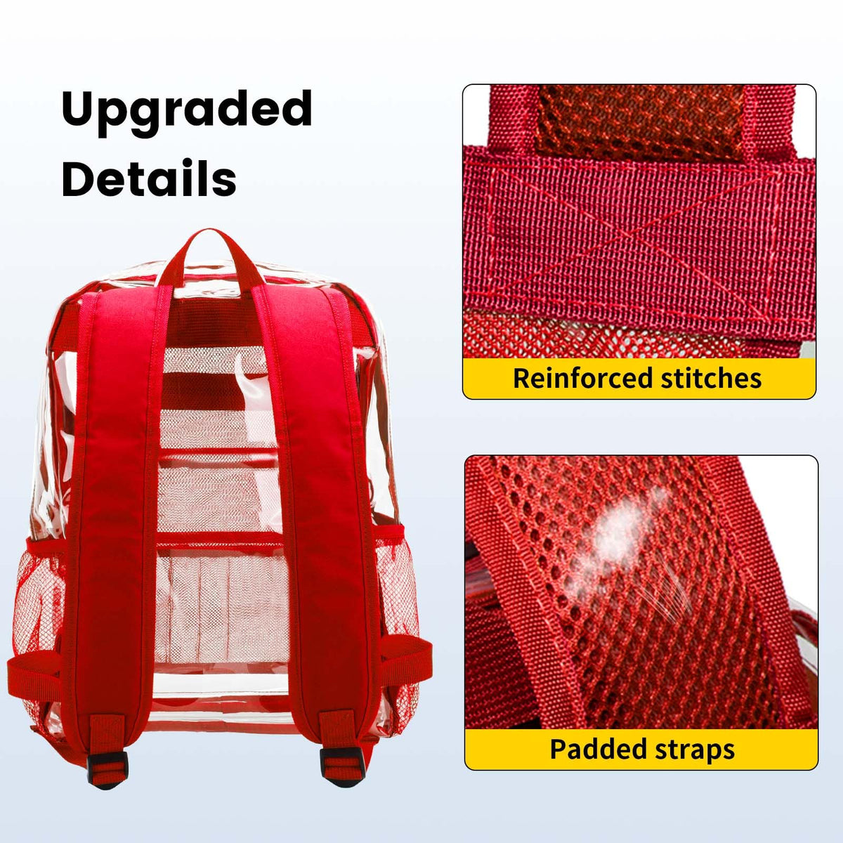 Vorspack Clear Backpack Heavy Duty PVC Transparent Backpack with Reinforced Strap Stitches & Large Capacity for College Workplace Security - Red