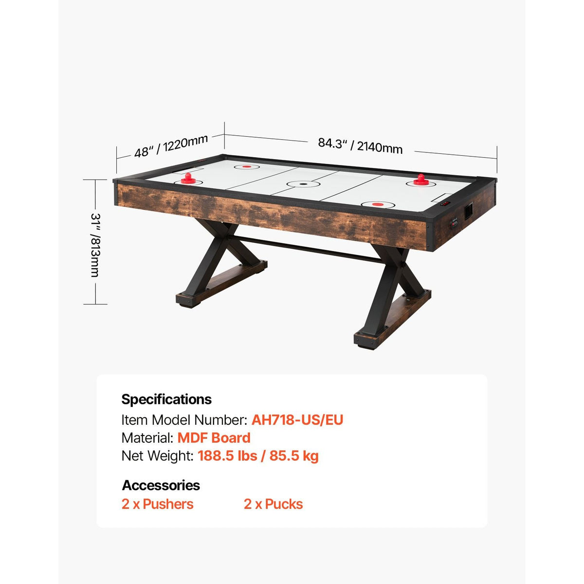 84" Air Hockey Table, Indoor Arcade Table Gaming Set with 2 Pushers, 2 Pucks, Electronic Scorer, X-shaped Legs & High-powered Blower, Air Powered Hockey Game Table for Family Game Room Office