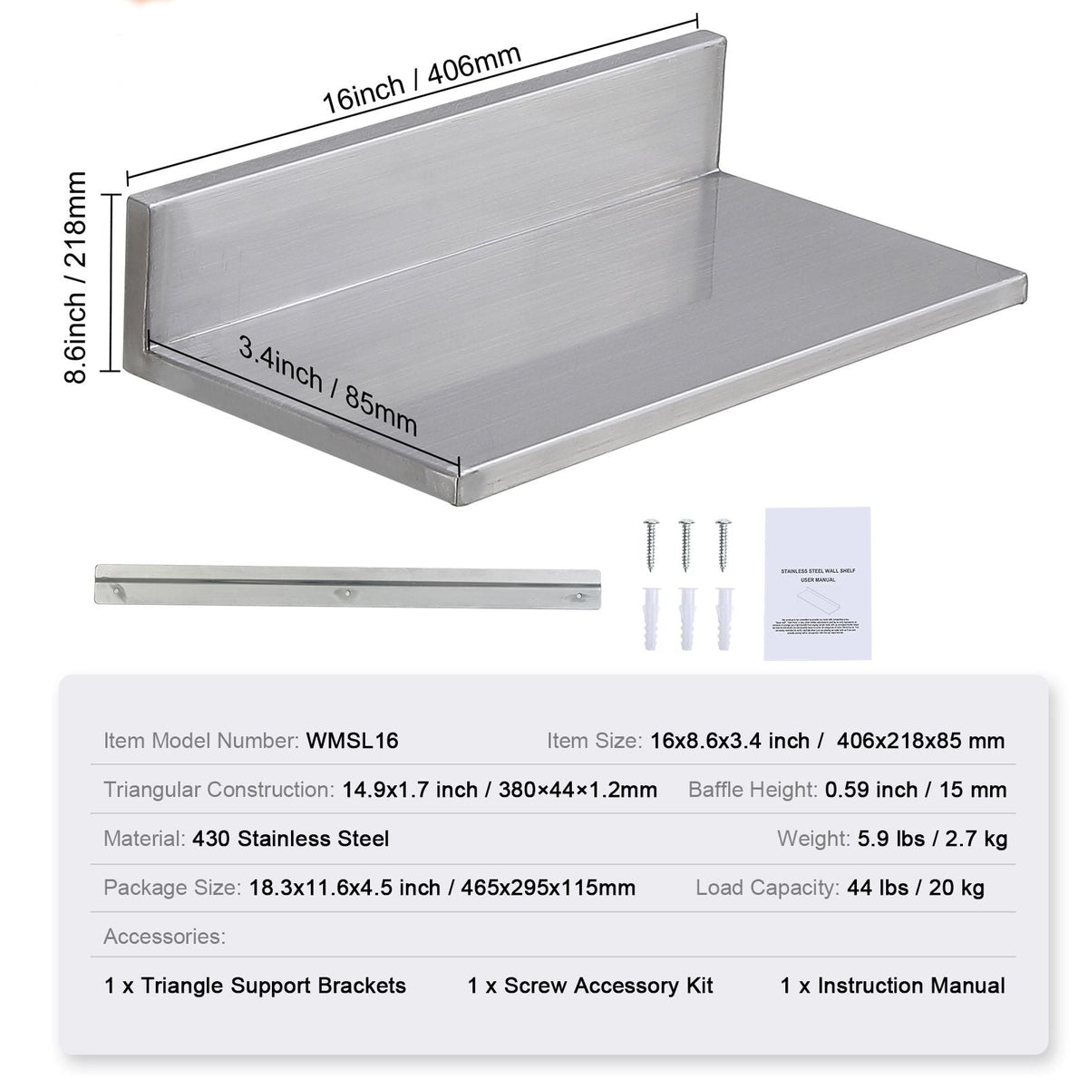 8.6" x 16" Stainless Steel Shelf, Wall Mounted Floating Shelving with Backsplash, 44 lbs Load Capacity Commercial Shelves, Heavy Duty Storage Rack for Restaurant, Kitchen, Bar, Home, and Hotel