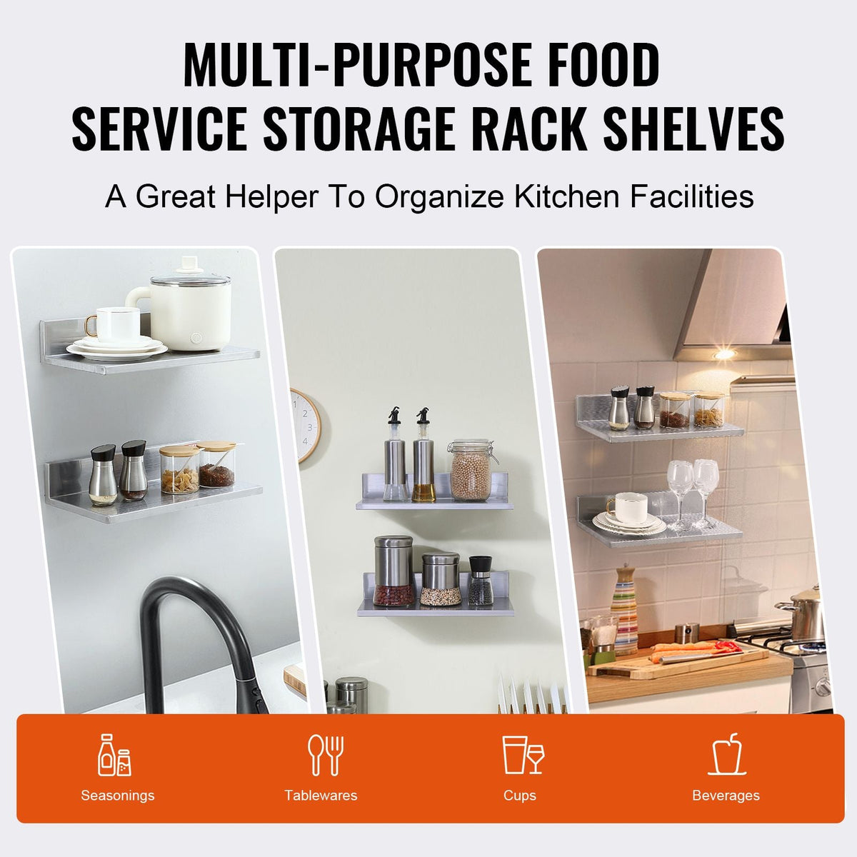 8.6" x 16" Stainless Steel Shelf, Wall Mounted Floating Shelving with Backsplash, 44 lbs Load Capacity Commercial Shelves, Heavy Duty Storage Rack for Restaurant, Kitchen, Bar, Home, and Hotel