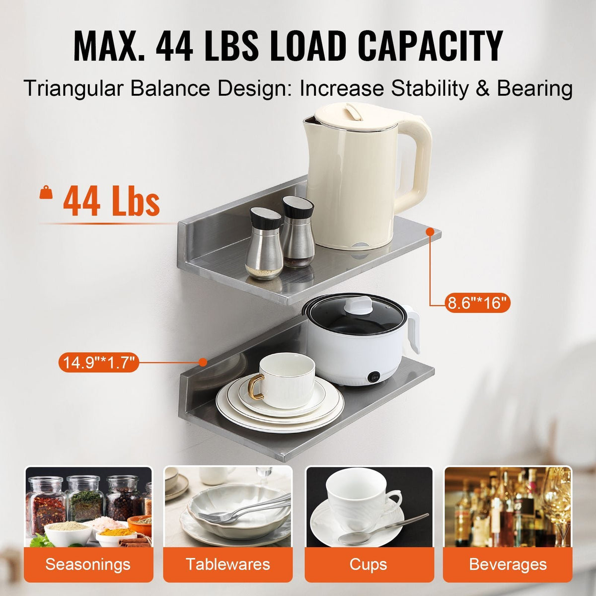 8.6" x 16" Stainless Steel Shelf, Wall Mounted Floating Shelving with Backsplash, 44 lbs Load Capacity Commercial Shelves, Heavy Duty Storage Rack for Restaurant, Kitchen, Bar, Home, and Hotel