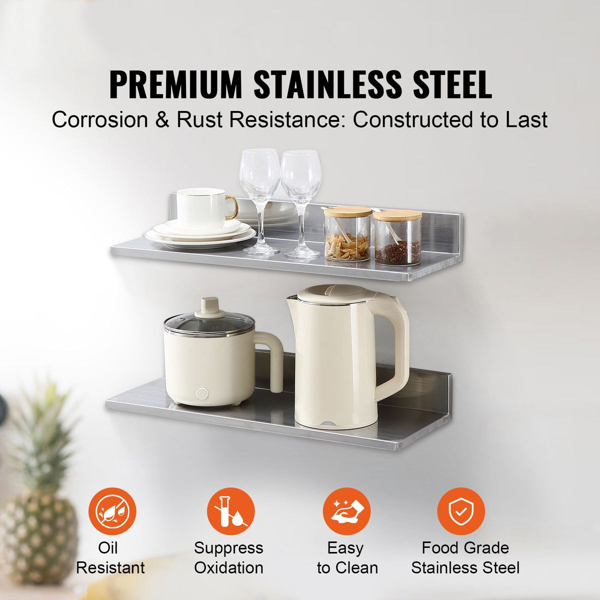 8.6" x 24" Stainless Steel Shelf, Wall Mounted Floating Shelving with Backsplash, 44 lbs Load Capacity Commercial Shelves, Heavy Duty Storage Rack for Restaurant, Kitchen, Bar, Home, and Hotel