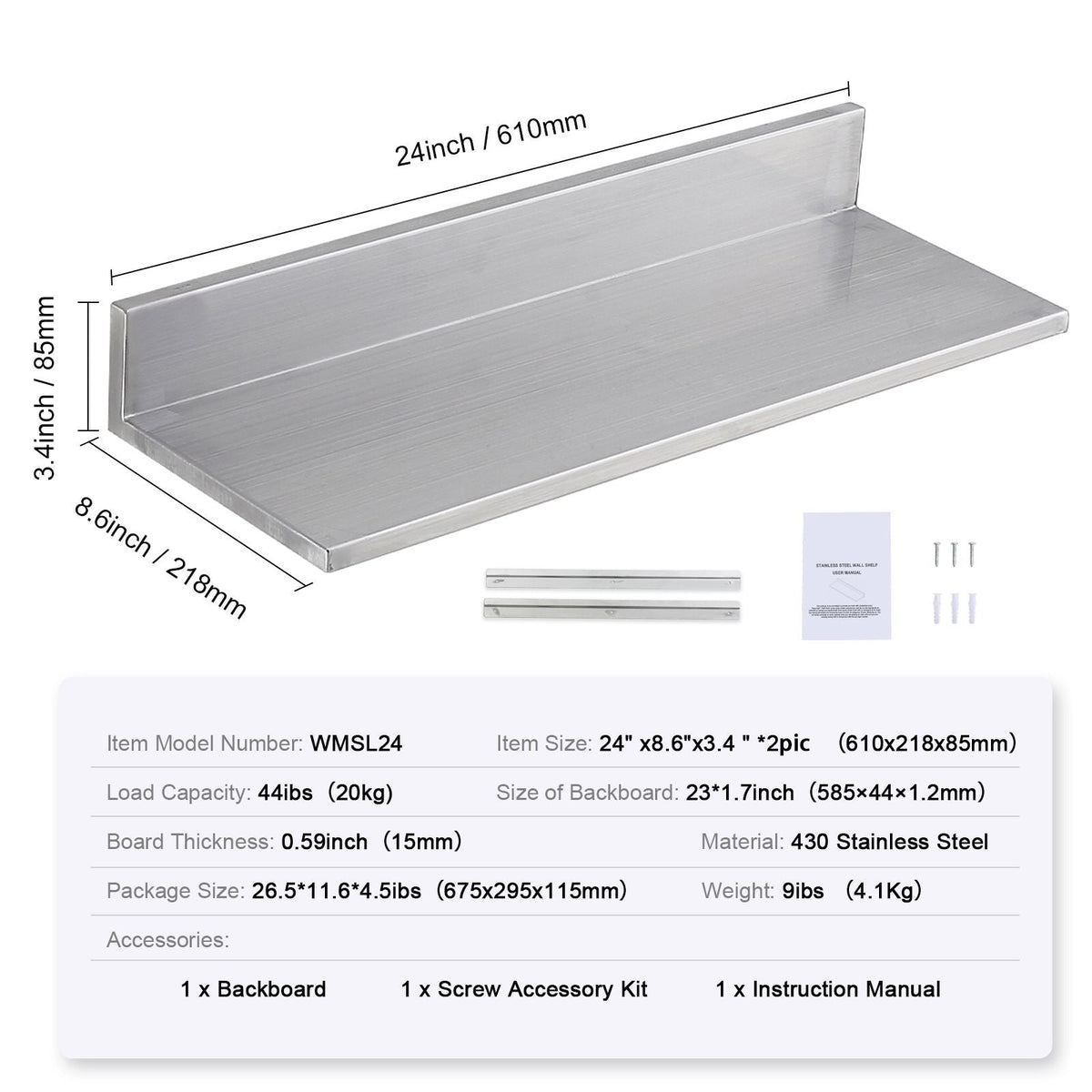 8.6" x 24" Stainless Steel Shelf, Wall Mounted Floating Shelving with Backsplash, 44 lbs Load Capacity Commercial Shelves, Heavy Duty Storage Rack for Restaurant, Kitchen, Bar, Home, and Hotel